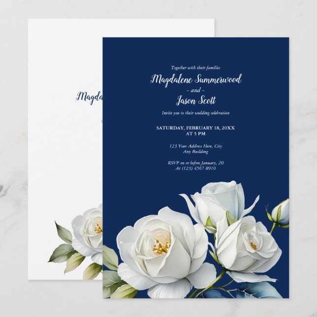 Invitación Rosas blancas azules de la marina | Boda floral ac (Anverso / Reverso)
