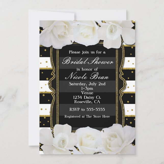 Invitación Rosas Blancas Bandas Negras Y Ducha De Novias Oro (Anverso)