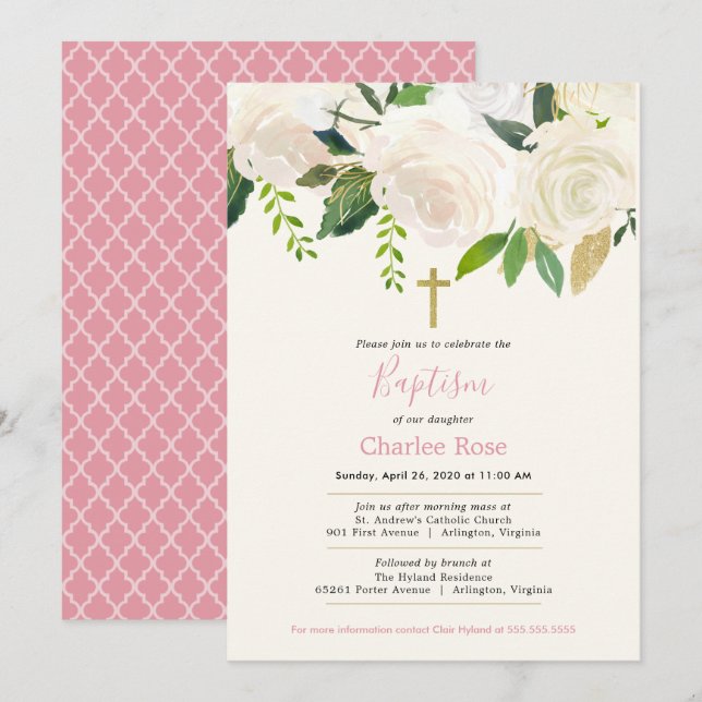 Invitación Rosas Blancas Baptismo Bebé y Brunéi Rosa y Verde (Anverso / Reverso)