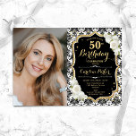 Invitación Rosas Blancas Blancas Blancas Damask Photo 50th Bi<br><div class="desc">Elegante invitación de 50 años floral femenina con tu foto. Diseño blanco y negro de cristal con oro falso purpurina. Presenta un patrón de damasco en blanco y negro, rosas, tipo de letra de guión y configuración. Perfecto para un elegante fiesta de celebración de cumpleaños. Personaliza con tus propios detalles....</div>