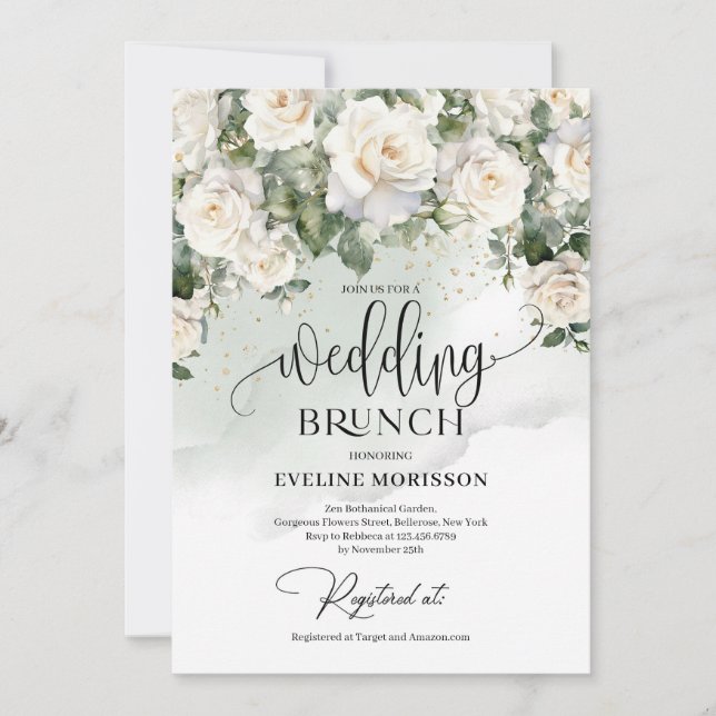 Invitación Rosas blancas bohemias eucalipto boda brunch (Anverso)