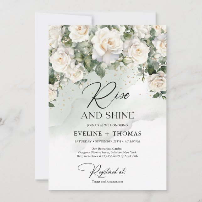 Invitación Rosas blancas bohemias eucalipto elevarse y brilla (Anverso)
