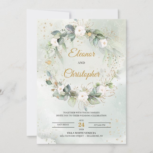 Invitación Rosas blancas bohemias florales hojas verdes (Anverso)