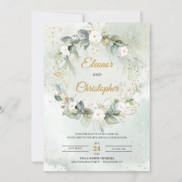 Invitación Rosas blancas bohemias florales hojas verdes