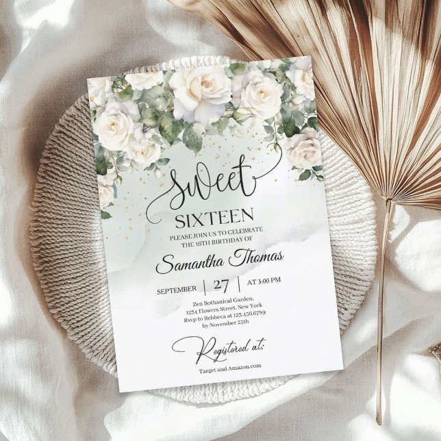 Invitación Rosas blancas bohemias y oro de eucalipto (Bohemian white roses and eucalyptus greenery gold invitation)