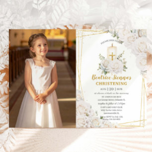 Invitación Rosas Blancas Chic Floral Bautizo Foto