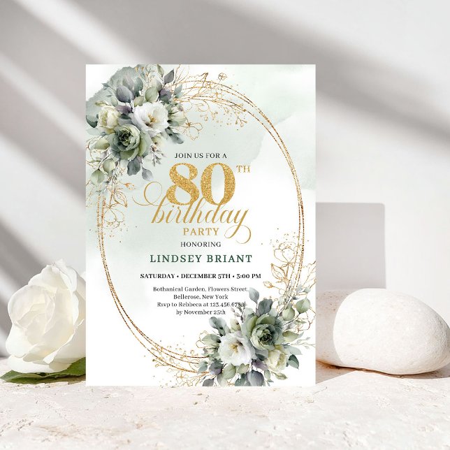 Invitación Rosas Blancas Clásicas Eucalipto 80 Cumpleaños   (Classic White Roses Eucalyptus 80th Birthday Invite)
