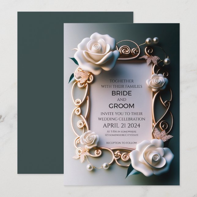 Invitación Rosas blancas con adornos dorados (Anverso / Reverso)