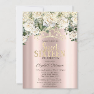 Invitación Rosas Blancas,Confeti,Corona Rosa Dorado Cumpleaño