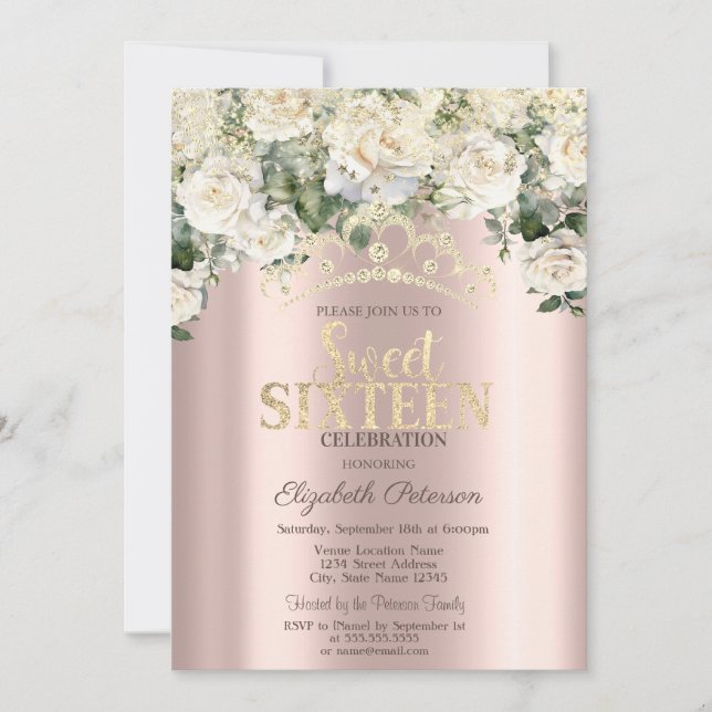 Invitación Rosas blancas, confetti, dulce de oro Rosa de la C (Anverso)