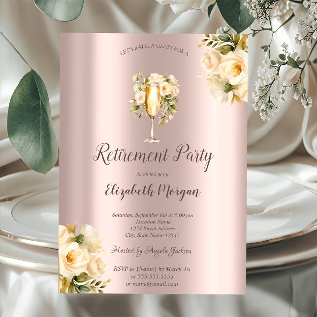 Invitación Rosas Blancas,Copa de Champán,Oro Rosa Jubilación (Subido por el creador)