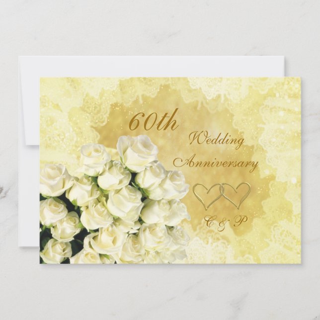 Invitación rosas blancas, corazones 60 años Boda (Anverso)