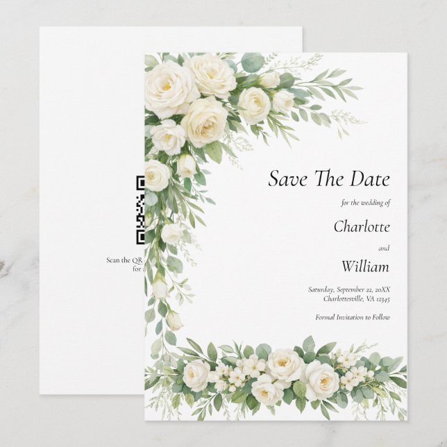 Invitación Rosas Blancas Crema Boda Guardar Fecha Código QR (Anverso / Reverso)