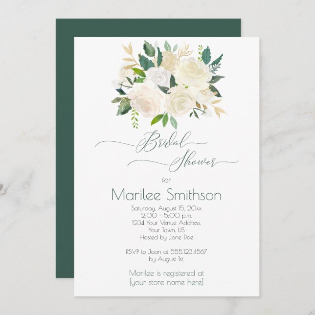 Invitación Rosas blancas crema con hojas verdes doradas para  (Anverso / Reverso)