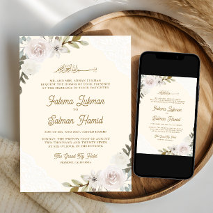 Invitación Rosas blancas crema encallan a Boda musulmán islám
