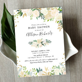Invitación Rosas blancas crema oro elegante ducha de bebé flo
