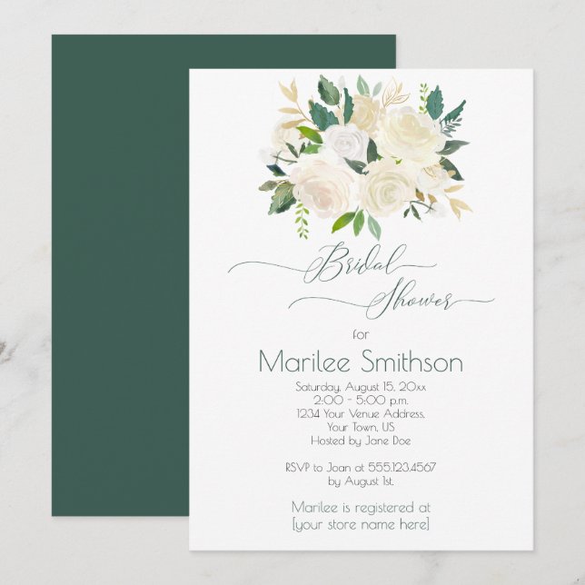 Invitación Rosas blancas crema verde dorado deja ducha de nov (Anverso / Reverso)