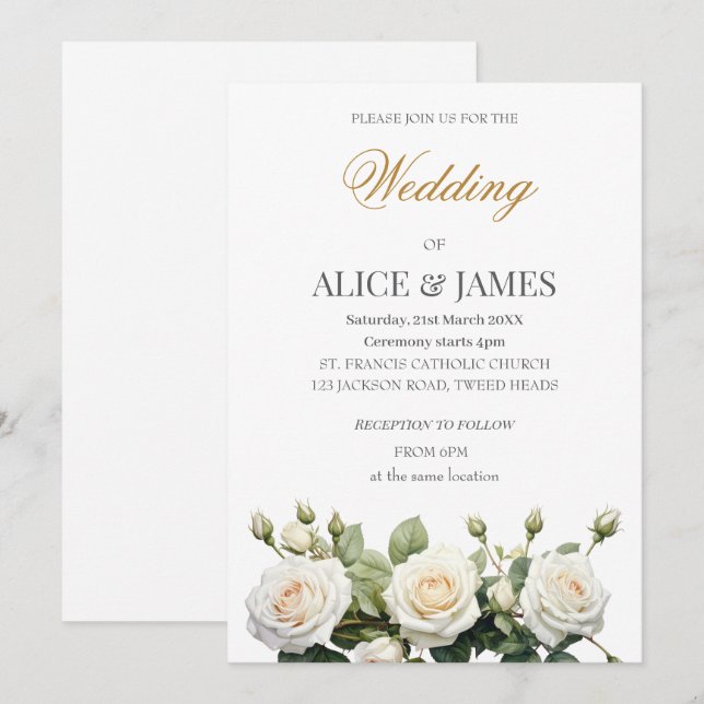Invitación Rosas Blancas de Boda (Anverso / Reverso)