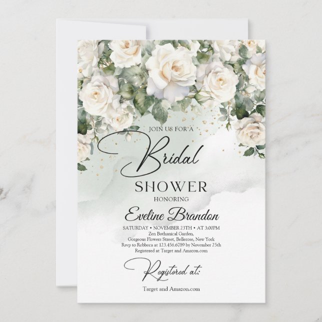 Invitación Rosas blancas de Boho vegetación eucalipto y oro (Anverso)