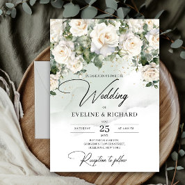 Invitación Rosas blancas de Boho vegetación eucalipto y oro
