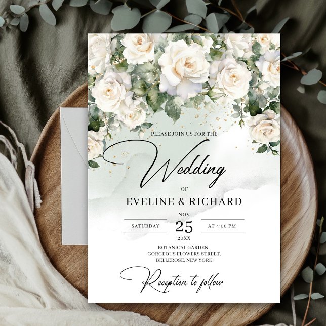 Invitación Rosas blancas de Boho vegetación eucalipto y oro (Unique Elegant White Roses Floral Garden greenery wedding invitation digital)