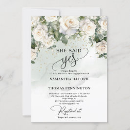 Invitación Rosas blancas de boho y eucalipto verde dijo sí