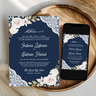 Invitación Rosas Blancas de Encaje Azul Marino Boda Musulmana