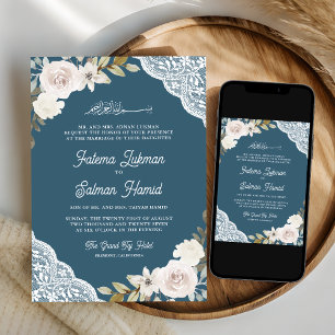 Invitación Rosas Blancas de Encaje Azul Polvoriento Boda Musu
