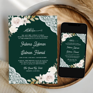 Invitación Rosas Blancas de Encaje Verde Esmeralda Boda Musul