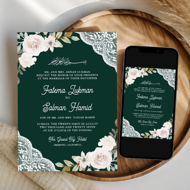 Invitación Rosas Blancas de Encaje Verde Esmeralda Boda Musul (Subido por el creador)