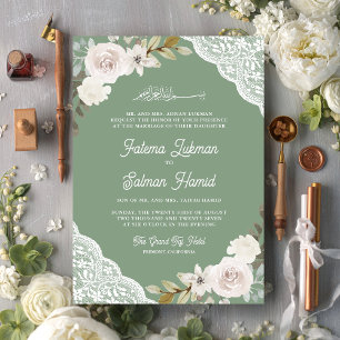 Invitación Rosas Blancas de Encaje Verde Salvia Boda Islámica