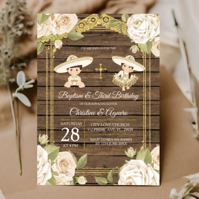 Invitación Rosas Blancas de Madera Doble Bautismo y Tercer Cu (Subido por el creador)