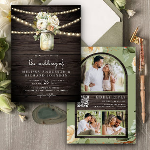 Invitación Rosas blancas de madera rústica Mason Jar QR Boda 
