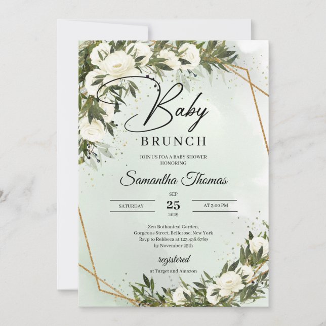 Invitación Rosas blancas de vegetación brunch marco dorado (Anverso)