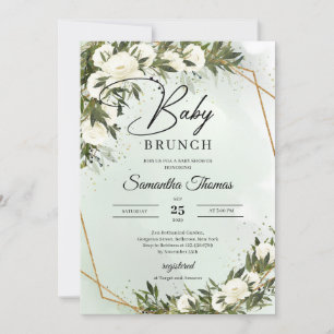 Invitación Rosas blancas de vegetación brunch marco dorado