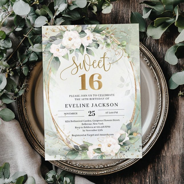 Invitación Rosas blancas de verdor Relieve metalizado dorado  (Greenery white roses gold foil oval sweet 16 invitation)