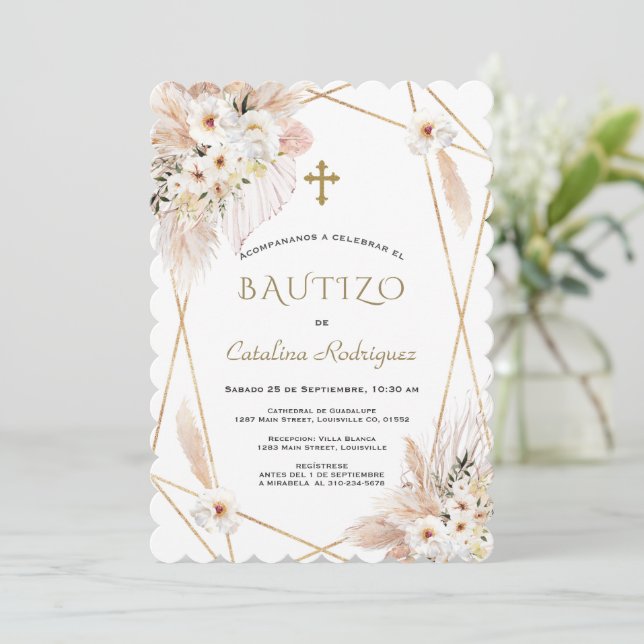 Invitación Rosas blancas del desierto Bautismo de Grado Pampa (Anverso de pie)