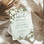 Invitación Rosas blancas del foliaje de Boho Olive Sweet diec<br><div class="desc">Boho Olive foliage white roses Sweet dieciséis Invitaciones Este encantador y moderno diseño de moda es perfecto para eventos de estilo boho o rústico. El diseño se caracteriza por una vegetación de color acuático pintada a mano, ramas de olivo mezcladas con rosas blancas de color agua, flores y centinelas tejidas...</div>