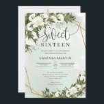 Invitación Rosas blancas del foliaje de Boho Olive Sweet diec<br><div class="desc">Boho Olive foliage white roses Sweet dieciséis Invitaciones Este encantador y moderno diseño de moda es perfecto para eventos de estilo boho o rústico. El diseño se caracteriza por una vegetación de color acuático pintada a mano, ramas de olivo mezcladas con rosas blancas de color agua, flores y centinelas tejidas...</div>