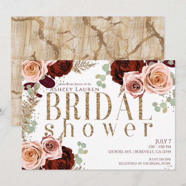 Invitación Rosas Blancas Doradas Rojos Burdeos para Bridal Sh (Anverso / Reverso)