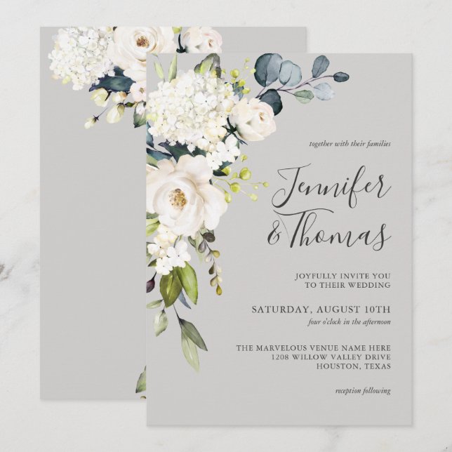 Invitación Rosas blancas e hidrangea Boda floral elegante (Anverso / Reverso)