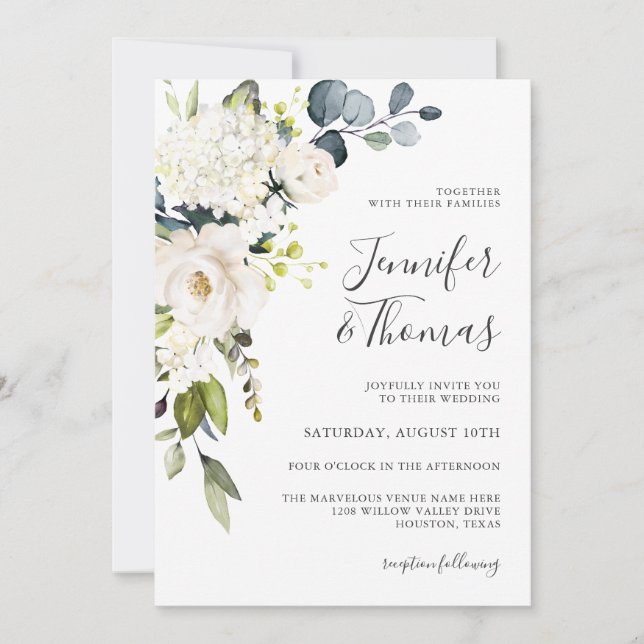 Invitación Rosas blancas e hidrangeas Boda floral elegante (Anverso)