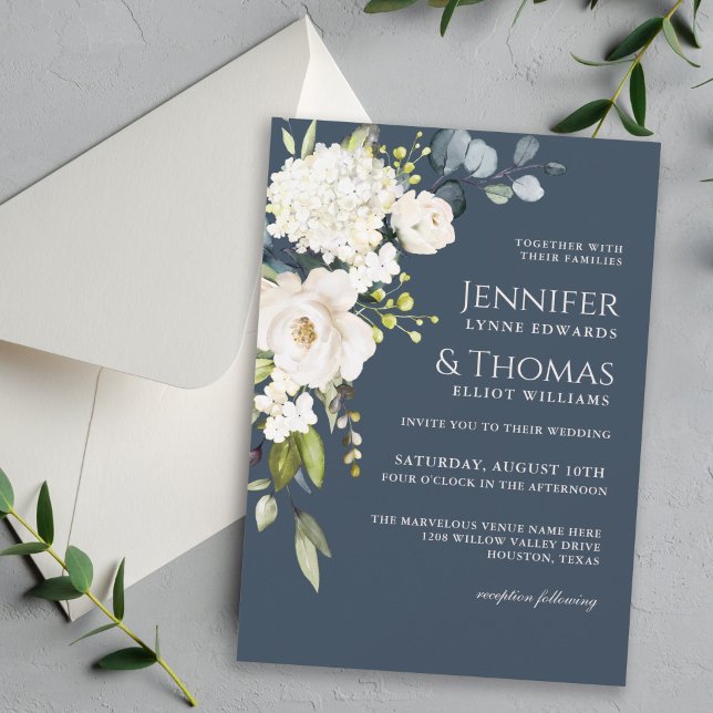 Invitación Rosas blancas e hidrangeas Boda floral elegante (Subido por el creador)
