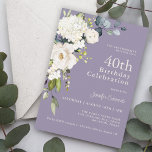 Invitación Rosas Blancas e Hidrangeas Elegantes 40 cumpleaños<br><div class="desc">Con un popular esquema de colores de flores blancas neutras sobre un fondo de lavanda violeta, esta invitación femenina a la fiesta de 40 años incluye un ramo de flores de color blanco con vegetación de eucaliptos de fondo. Las flores incluyen rosas, hortensias y flores mixtas a juego para un...</div>