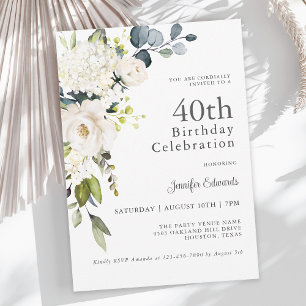 Invitación Rosas Blancas e Hidrangeas Elegantes 40 cumpleaños