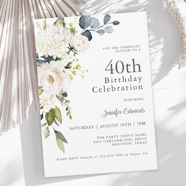 Invitación Rosas Blancas e Hidrangeas Elegantes 40 cumpleaños (Subido por el creador)