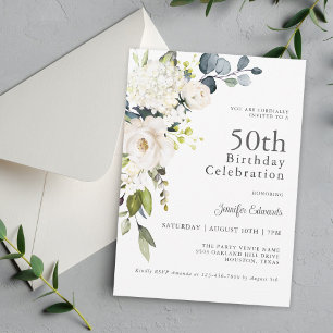 Invitación Rosas Blancas e Hidrangeas Elegantes 50 cumpleaños