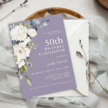Invitación Rosas Blancas e Hidrangeas Elegantes 50 cumpleaños<br><div class="desc">Con un popular esquema de color neutro de flores blancas y fondo de lavanda violeta, esta invitación a la fiesta de 50 años femenina incluye un ramo de flores de acuarela blanca con vegetación de eucaliptos de fondo. Las flores incluyen rosas, hortensias y flores mixtas a juego para un efecto...</div>