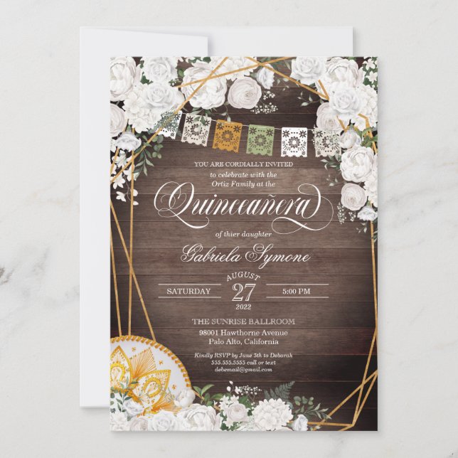 Invitación Rosas Blancas Elegante Charro Occidental Quinceane (Anverso)