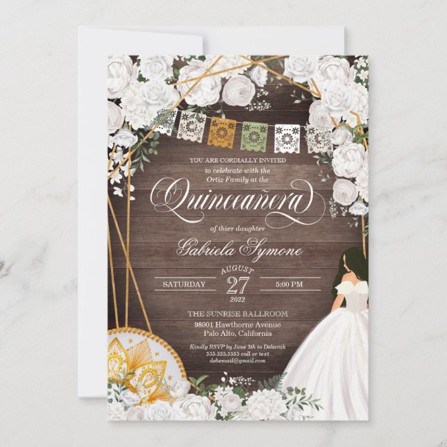 Invitación Rosas Blancas Elegante Charro Occidental Quinceane (Anverso)